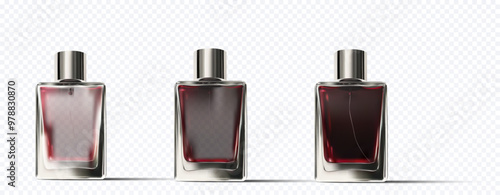 Vector illustration of three perfume bottles with dark liquid, showcasing a sleek and modern design. Ideal for beauty, fragrance, and cosmetic-related projects. 3d fragrance glass bottle.