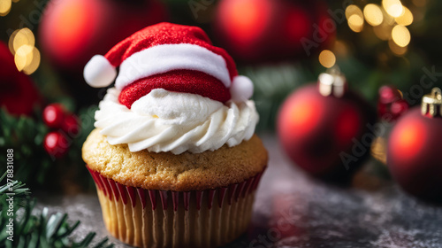 Christmas Cupcake With Red Santa Hat And White Frosting. Festive Holiday Treat.