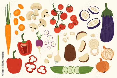 Sliced vegetables. Cartoon organic food ingredients, chopped and sliced onion cucumber tomato celery flat style healthy vegetarian diet concept. Vector set.eps