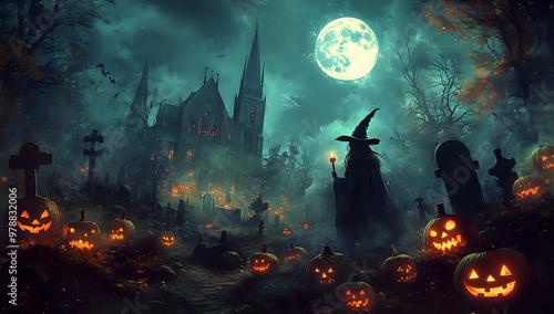 A witch walks through a spooky graveyard with glowing jack-o-lanterns, a church in the distance, and a full moon in the night sky.