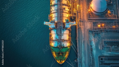 A gas tanker ship docking at an LNG terminal, with cranes and pipelines connecting to the ship for loading and unloading LNG