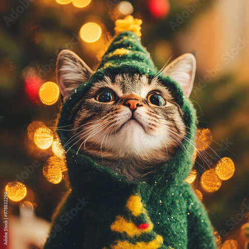 Cute Tabby Cat Wearing A Festive Christmas Sweater. Perfect For Holiday Cards Or Social Media. photo