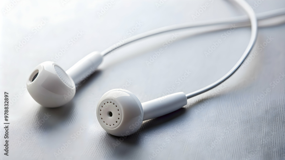 Close-up of a pair of white earphones, music, technology, headphones, sound, listening, wires, gadgets, music player Close-up of a pair of white earphones, music, technology, headphones, sound, listening, wires, gadgets, music player