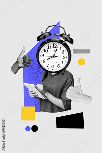 Vertical photo collage of anonym girl instead head alarm clock regime write memo pen notepad like thumb up isolated on painted background photo