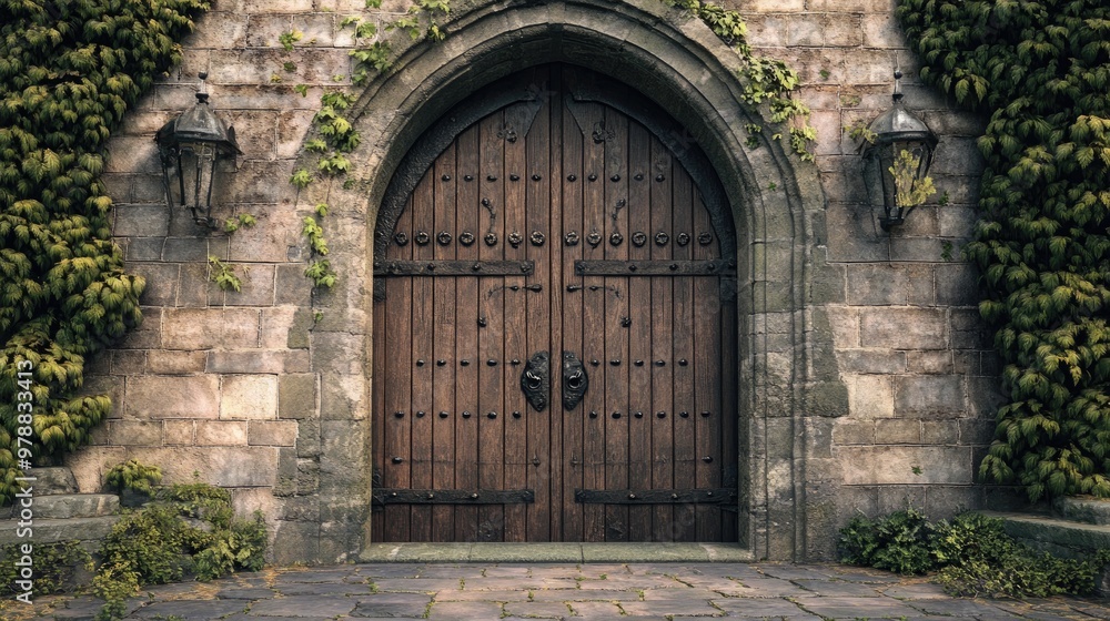 An Ancient Wooden Doorway Framed by Stone and Ivy An Ancient Wooden Doorway Framed by Stone and Ivy