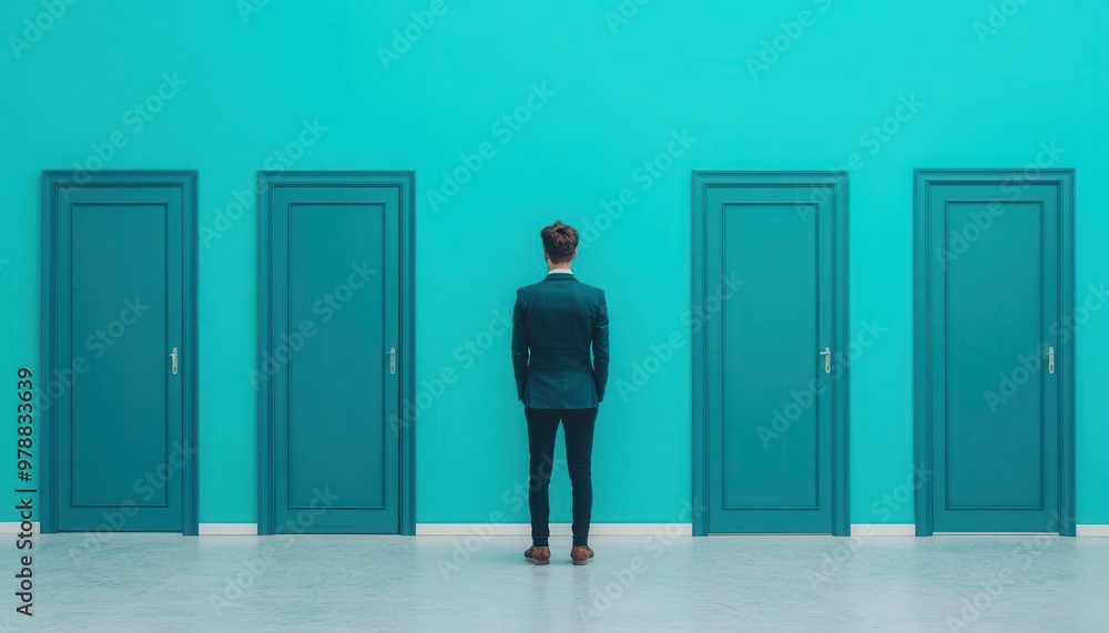 Fototapeta premium A person standing before multiple mirrors, each reflecting a different future, symbolizing the illusion of choice in goal-setting, dream