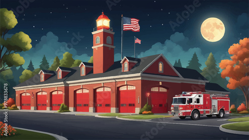 Whimsical Cartoon Fire Station with Cute Fire Trucks, Moonlit Sky, and Adorable Firefighters