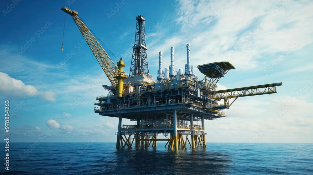 A large offshore platform extracting natural gas and connecting to pipelines that transport gas to the mainland for processing and distribution A large offshore platform extracting natural gas and connecting to pipelines that transport gas to the mainland for processing and distribution