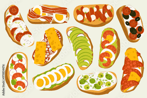 Bruschetta. Fresh homemade italian toasts with tomato garlic basil olive oil, bruschetta traditional healthy food concept. Cartoon flat style.eps
