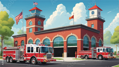 Whimsical Cartoon Fire Station with Cute Fire Trucks, Sunny Sky, and Adorable Firefighters