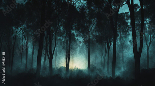 Dark Foggy Forest At Night  photo