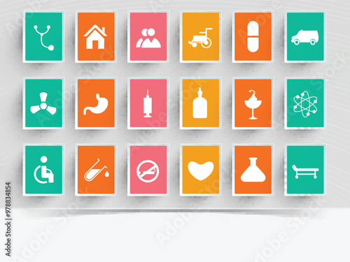 World heath Day Concept with Medical Icons in Colorful Square Pattern Background.
