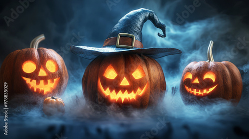 Spooky Halloween Pumpkins With A Witch Hat And Glowing Eyes In A Smoky Atmosphere.