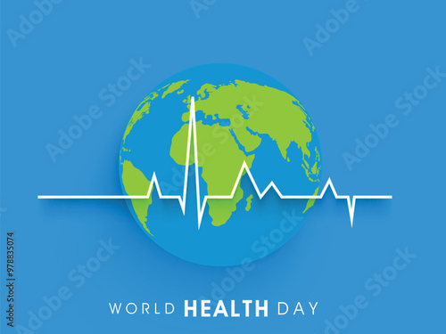World heath day poster design with earth globe and heartbeats on blue background.