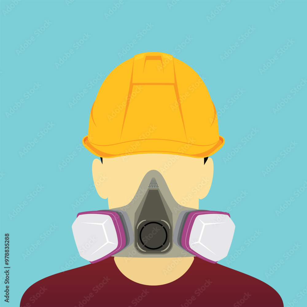 Worker with safety helmet and respiratory mask. Vector illustration of labor head wearing hardhat and breathing protection for personal protective equipment against falling material and fumes hazard. Worker with safety helmet and respiratory mask. Vector illustration of labor head wearing hardhat and breathing protection for personal protective equipment against falling material and fumes hazard.