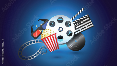 Realistic Cinema or Movie Elements on Blue Background with Copy Space.