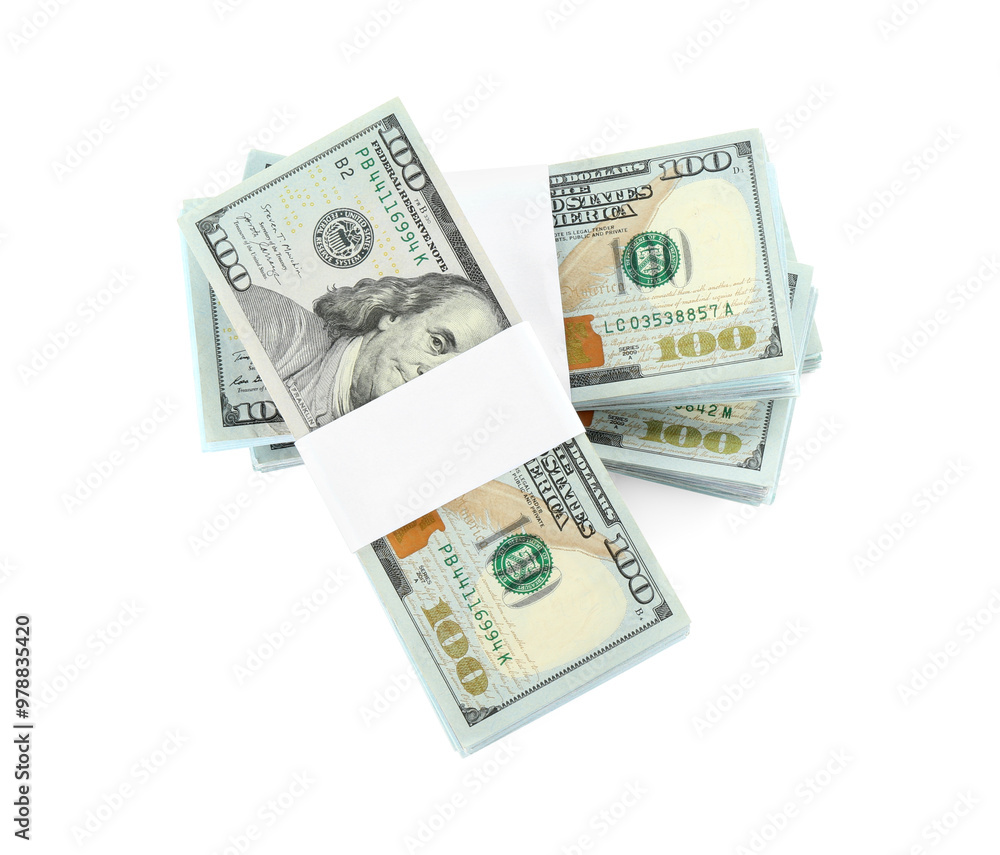 Dollar banknotes isolated on white, above view Dollar banknotes isolated on white, above view