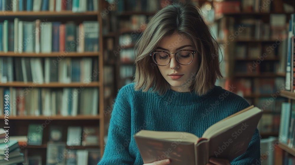 Young female customer reading a book in bookstore,Woman picking a book to reads a book while standing in a vibrant,Girl choosing what to read in bookstore,Education, studying concept Young female customer reading a book in bookstore,Woman picking a book to reads a book while standing in a vibrant,Girl choosing what to read in bookstore,Education, studying concept