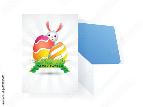 Happy Easter Celebration Greeting Card with Colorful Painted Eggs, Cute Bunny and Envelope Illustration.