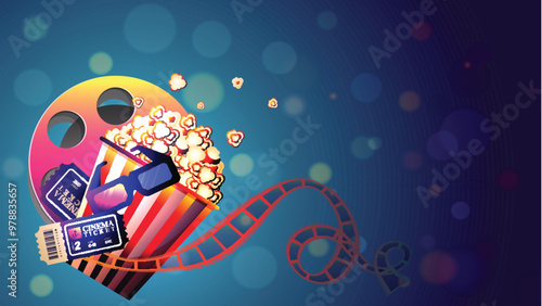 Realistic Cinema or Movie Elements on Blue Bokeh Background with Copy Space.