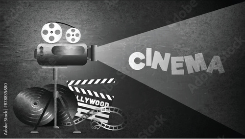 Realistic Cinema or Movie Elements Decorated Black Background, Can Be Used as Banner Design.