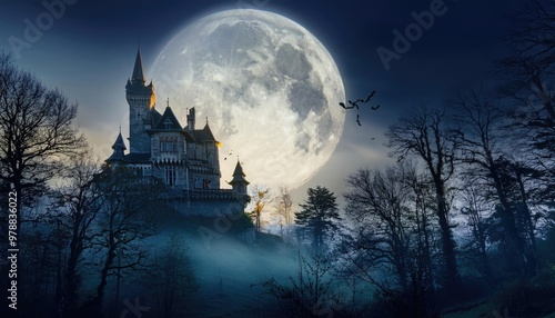 A spooky forest sunset and Spooky old gothic castle, foggy night, haunted mansion with big full moon background