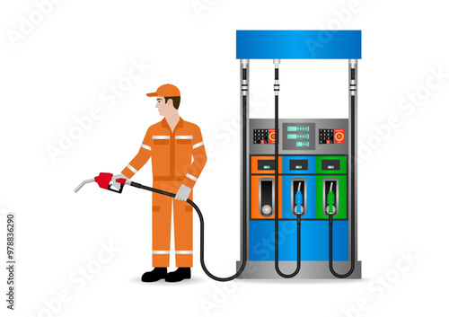 Worker in Uniform Refuel or Fill up Fuel to Car at Gas Station. Vector Illustration. 