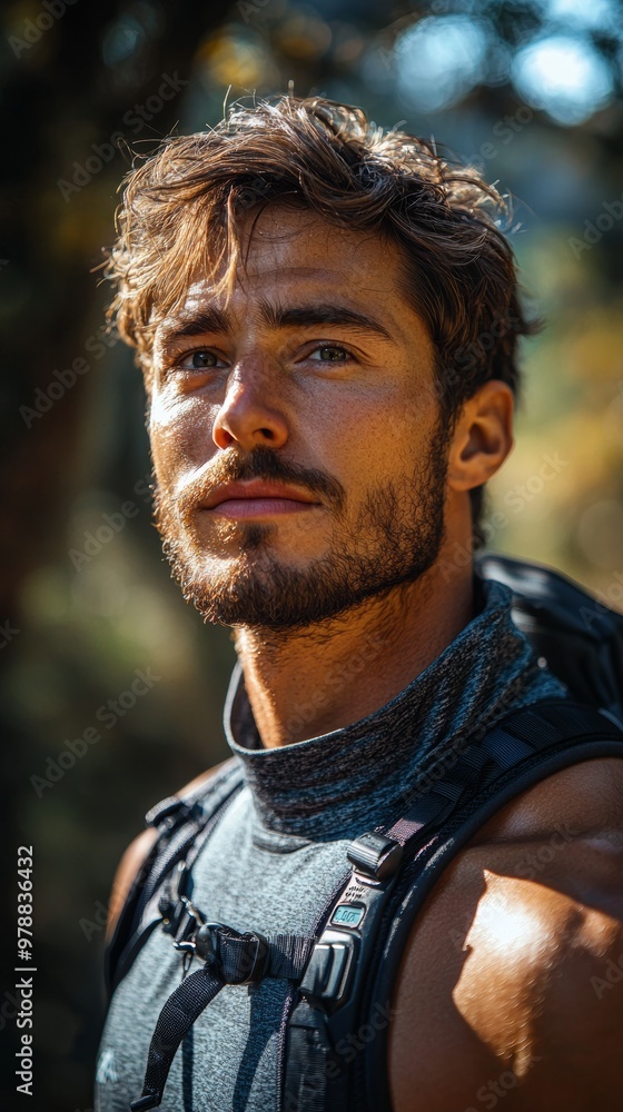 Young man hiking with backpack in the forest sunlight Young man hiking with backpack in the forest sunlight