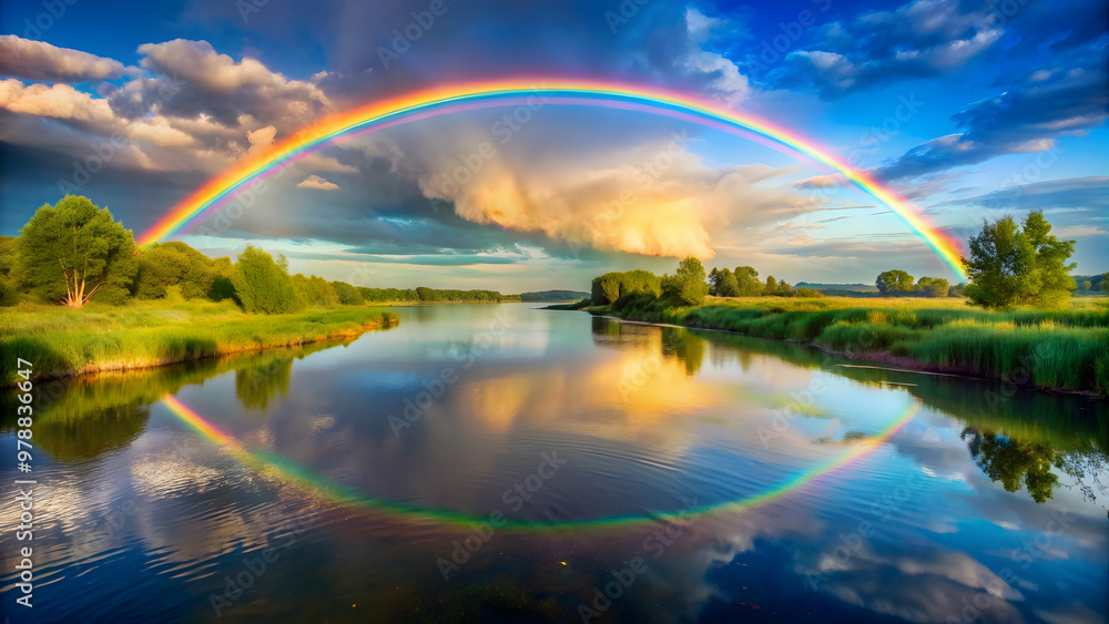 Rainbow arching over a serene river, nature, colorful, landscape, water, reflection, sky, vibrant, beautiful, scenery Rainbow arching over a serene river, nature, colorful, landscape, water, reflection, sky, vibrant, beautiful, scenery