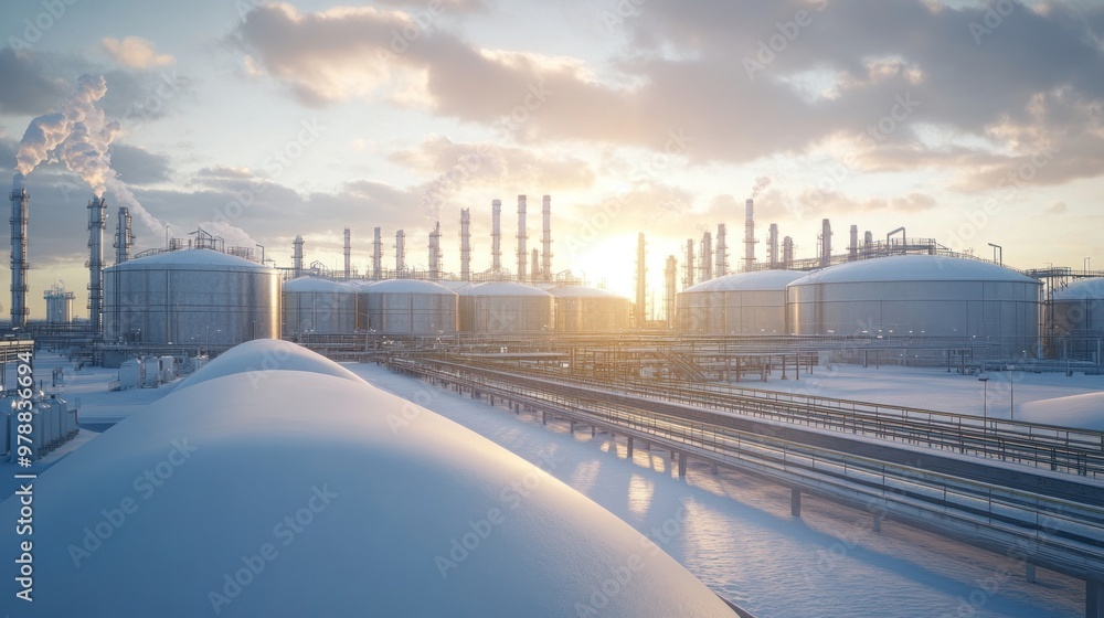 A modern LNG storage facility with large cryogenic tanks designed to store liquefied natural gas at extremely low temperatures A modern LNG storage facility with large cryogenic tanks designed to store liquefied natural gas at extremely low temperatures
