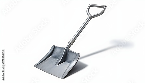 Minimalist image of a sleek metal shovel, ergonomic metal shoval spade with a modern design, soil digging moving equipment, gardening labor hardware tool farming agriculture work  photo