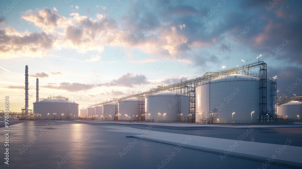 A modern LNG storage facility with large insulated tanks and cooling systems, designed for the long-term storage of liquefied natural gas A modern LNG storage facility with large insulated tanks and cooling systems, designed for the long-term storage of liquefied natural gas