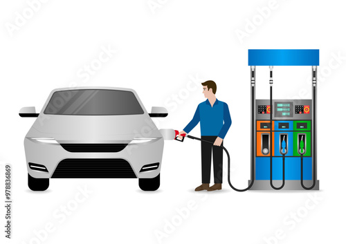Man Refueling Car at Gas Station. Vector Illustration. 
