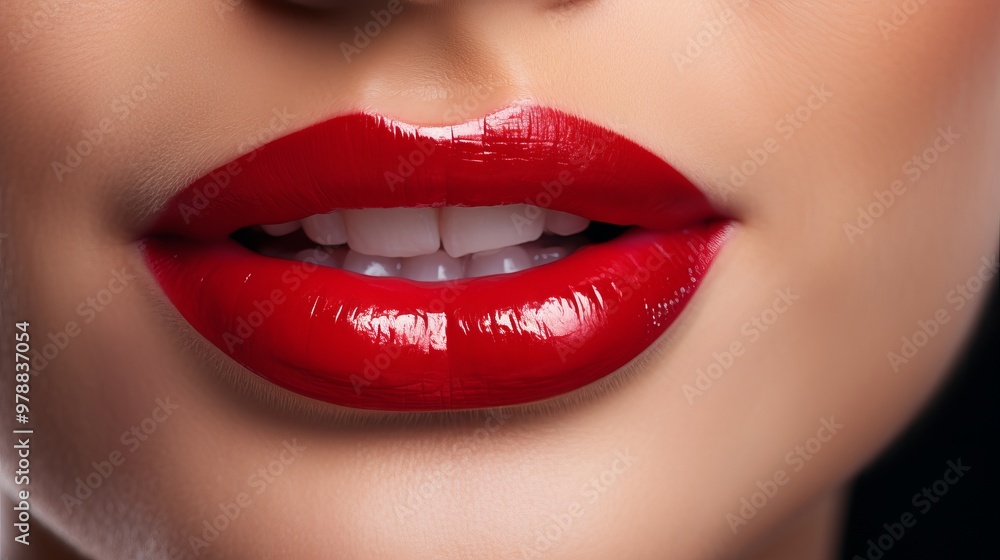 Close-up of glossy red lips showcasing a bold makeup look in a dramatic lighting setting Close-up of glossy red lips showcasing a bold makeup look in a dramatic lighting setting