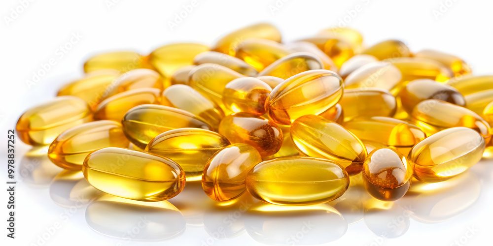 Cod liver oil capsules on a white background, health, supplement, nutrition, omega-3, fish oil, vitamin D, pills Cod liver oil capsules on a white background, health, supplement, nutrition, omega-3, fish oil, vitamin D, pills