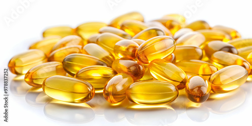 Cod liver oil capsules on a white background, health, supplement, nutrition, omega-3, fish oil, vitamin D, pills