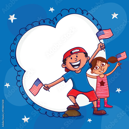 Cute kids with frame for American Independence Day celebration.