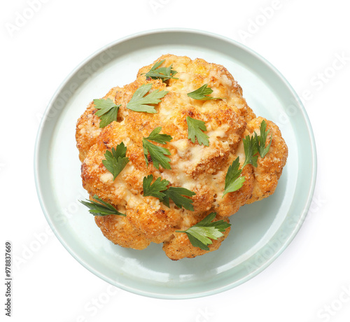 Delicious baked cauliflower with parsley isolated on white, top view