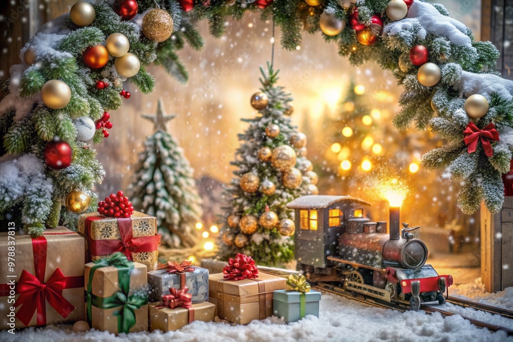 Φωτογραφία Gift boxes, garlands, a steam train and a Christmas tree in the home interior of the living room