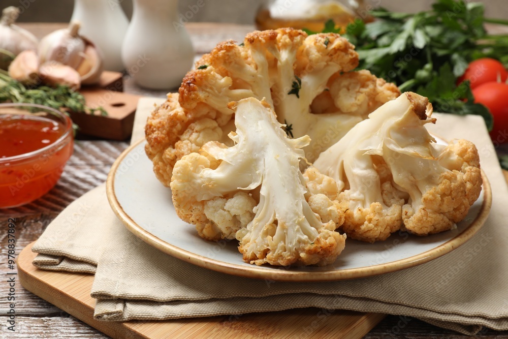 Plate with tasty baked cauliflower on wooden table, closeup Plate with tasty baked cauliflower on wooden table, closeup