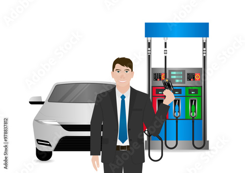 Man Making Payment by Credit Card  for Refueling Car at Gas Station. Vector Illustration.