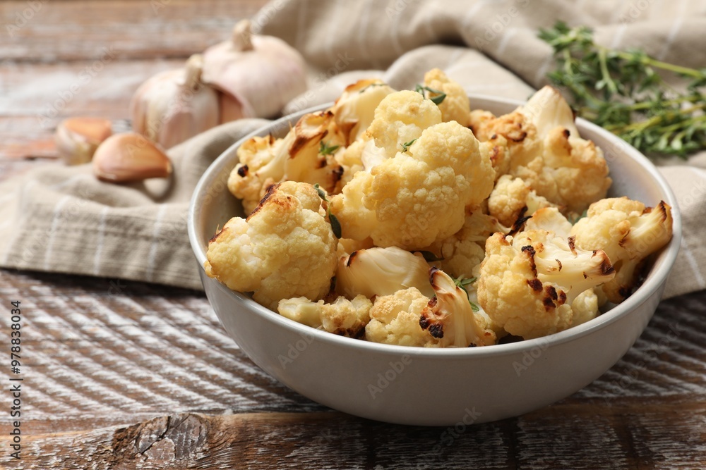 Baked cauliflower in bowl, garlic and thyme on wooden table Baked cauliflower in bowl, garlic and thyme on wooden table
