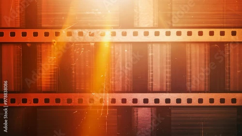 A visually striking abstract background of vintage film strips layered against a warm light backdrop, evoking nostalgia for classic cinema. Ideal for filmmaking and retro themes.