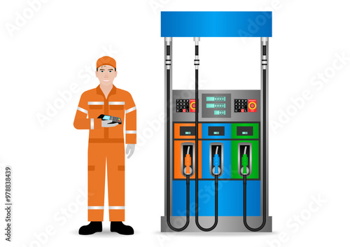 Gas Station Worker Holding Payment Terminal to offer Customer for Using Credit Card Payment. Refuel Car at Petro Station Concept. Vector Illustration. 