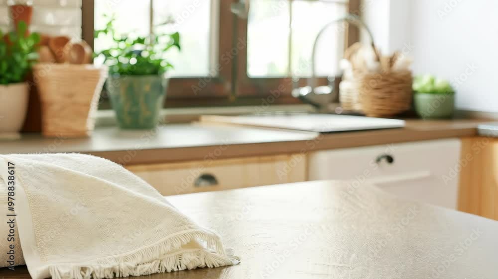 A warm kitchen scene with a soft white dish towel on a wooden surface. Sunlight pours through windows, highlighting potted plants and a blend of modern and rustic decor. A warm kitchen scene with a soft white dish towel on a wooden surface. Sunlight pours through windows, highlighting potted plants and a blend of modern and rustic decor.