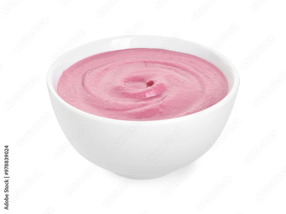 Tasty beetroot hummus in bowl isolated on white Tasty beetroot hummus in bowl isolated on white