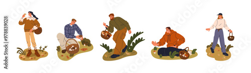 Mushroom picking in fall forest, set. People collecting fungi in baskets. Mushroomers foraging for fresh wild fungus. Seasonal outdoor activity. Flat vector illustration isolated on white background