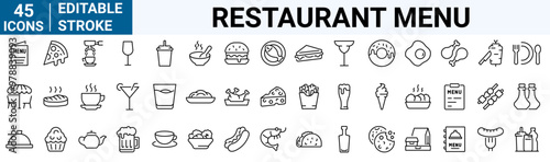 Restaurant menu line icons set.