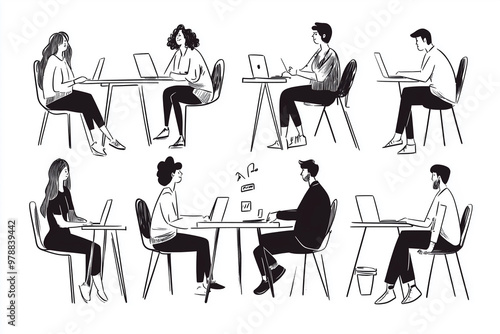 
A black and white illustration series showing employees working at their desks, each in different stages of concentration or collaboration. 