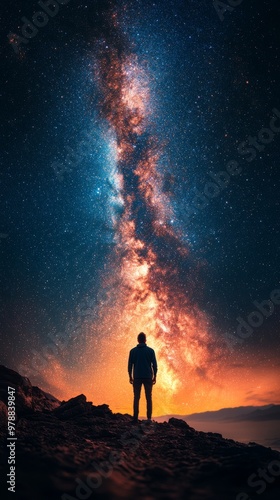 Man in Desert - Star Gazing Under Milky Way